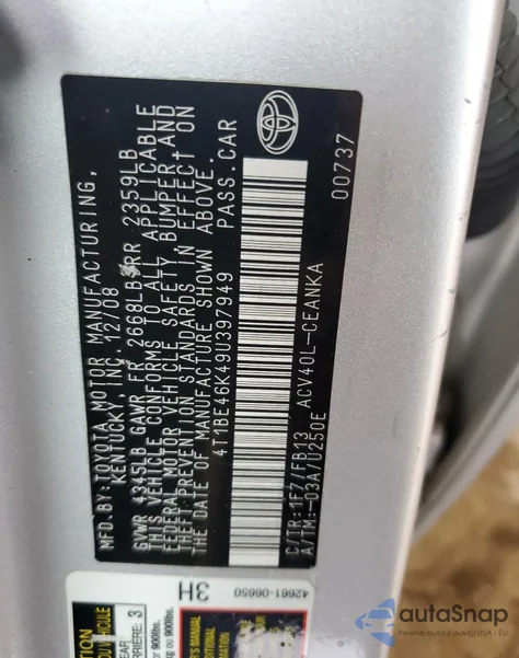 2009 Toyota Camry Base from USA, damaged, VIN 4T1BE46K49U397949